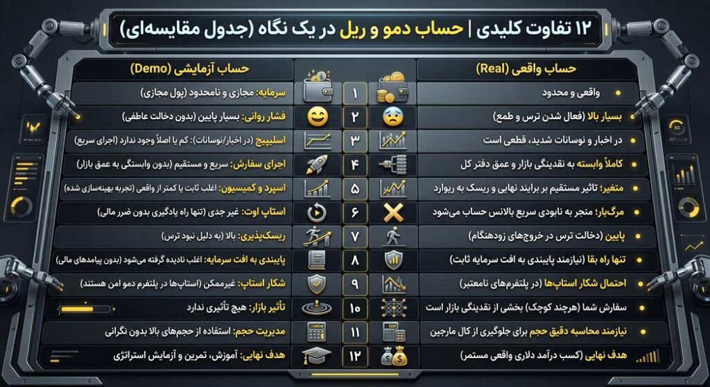 ۱۲ تفاوت کلیدی حساب دمو و ریل